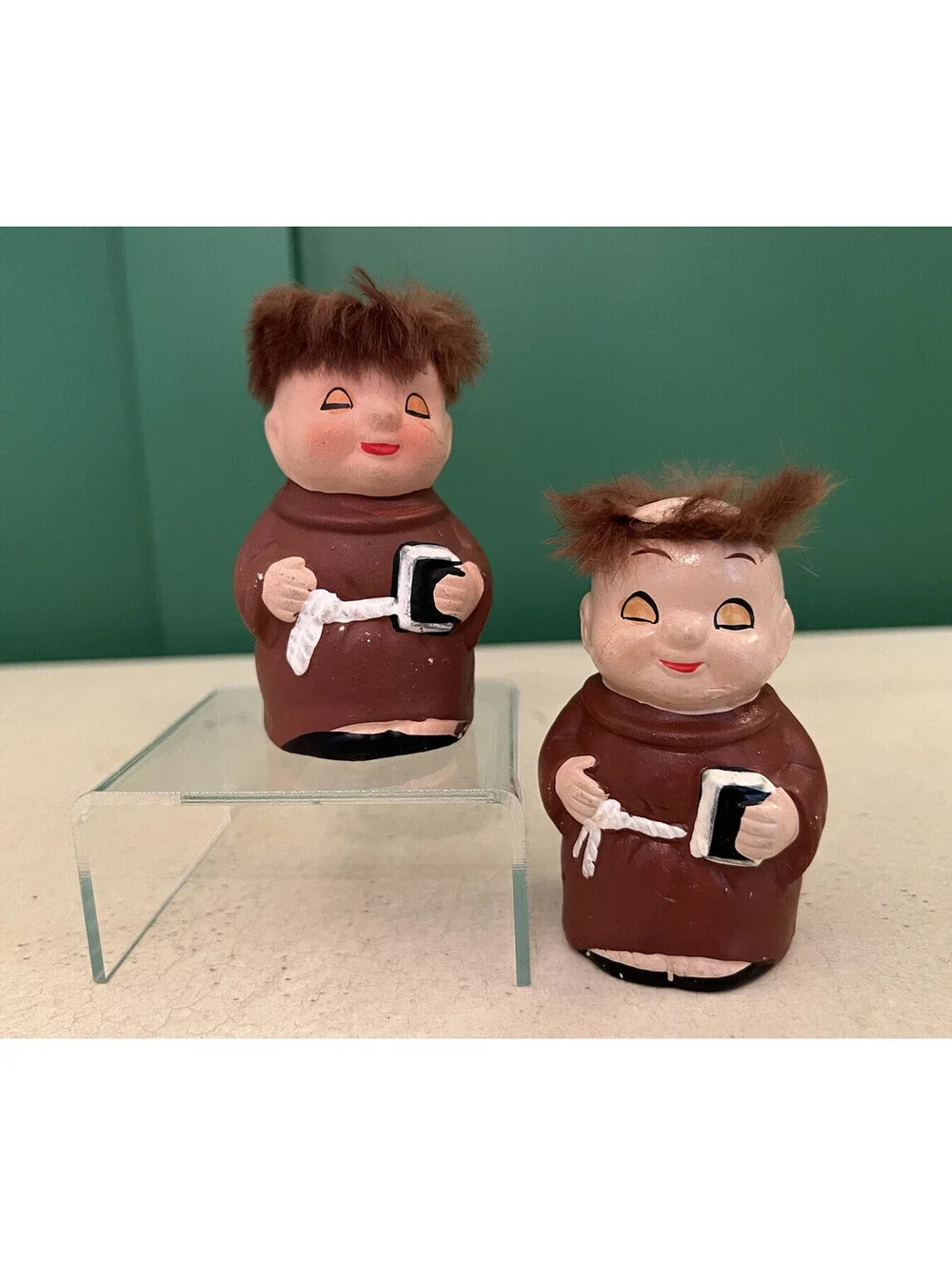 Vintage 3.5” Friar Tuck Monk Salt & Pepper Shakers, Fuzzy Hair Made In Japan